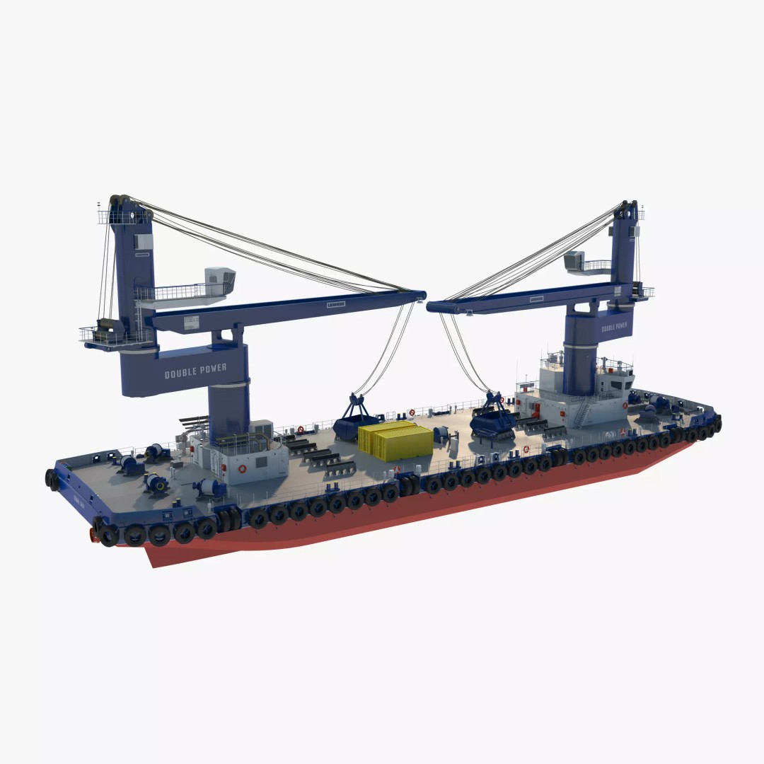 Crane Barge 3D Model – Heavy Lift Offshore Vessel, FBX, OBJ - View 2