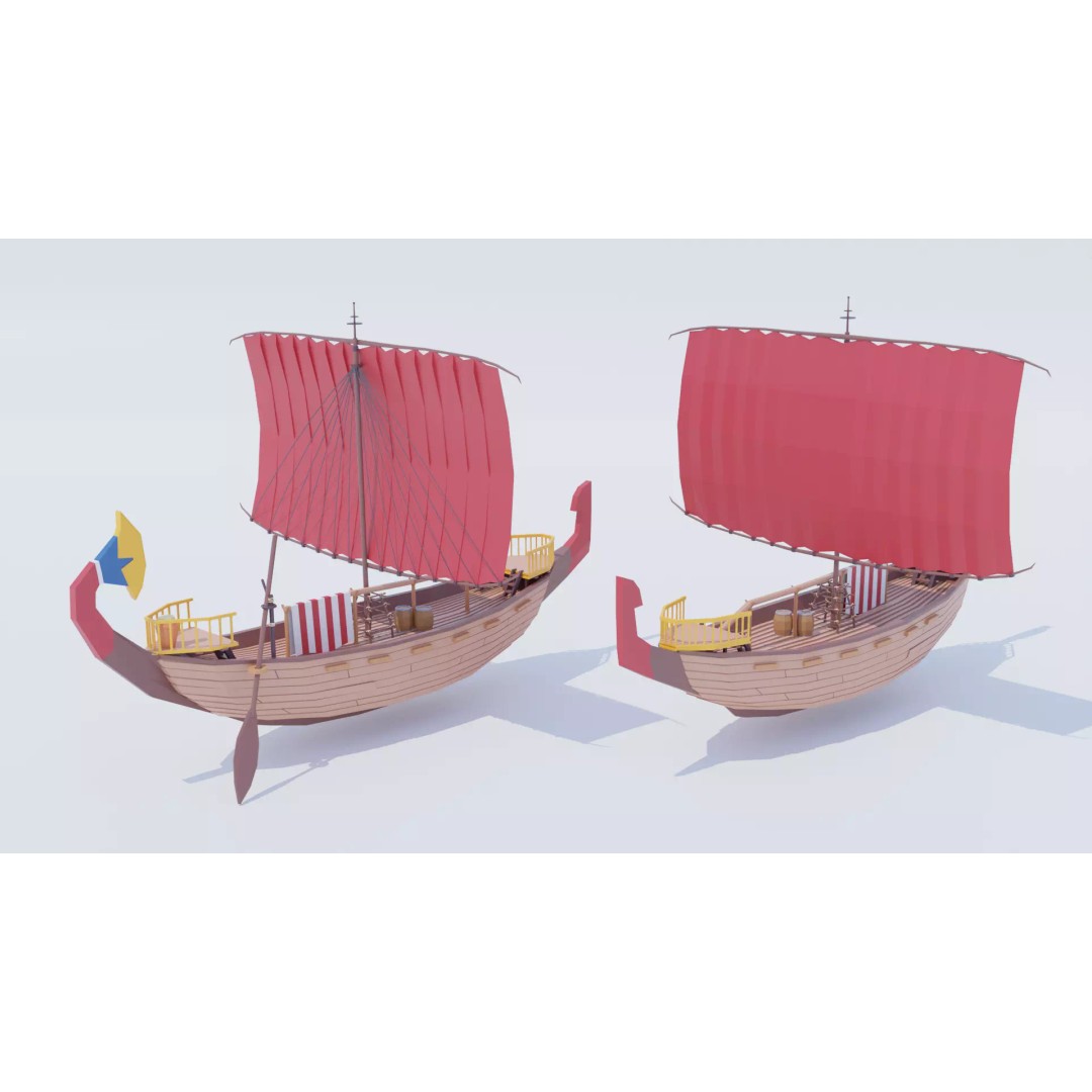 Egyptian Boat 3D Model – Low Poly Historic Watercraft, FBX, OBJ - View 2