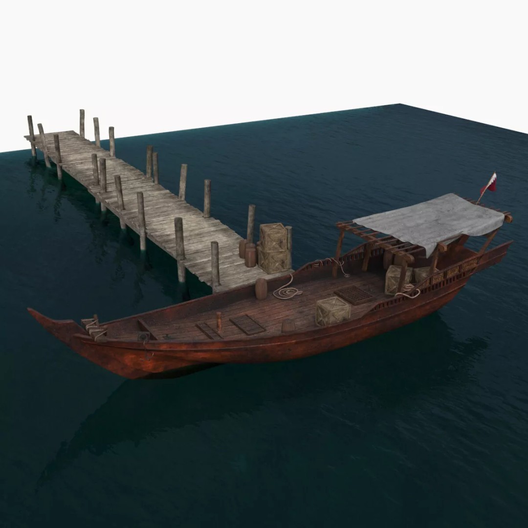 Arabian Dhow 3D Model – Traditional Wooden Vessel with Dock, FBX - View 2