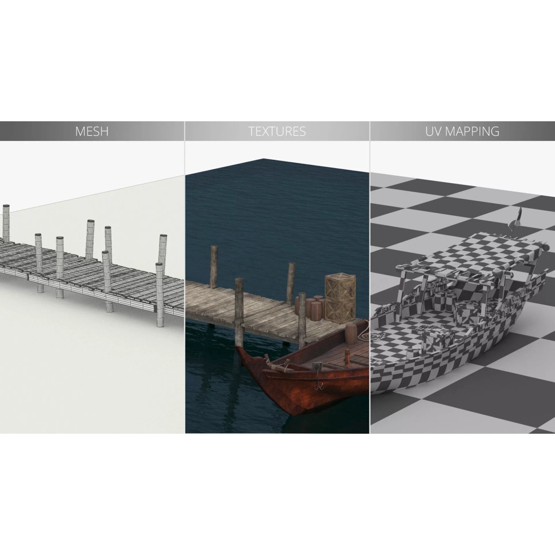 Arabian Dhow 3D Model – Traditional Wooden Vessel with Dock, FBX - View 22