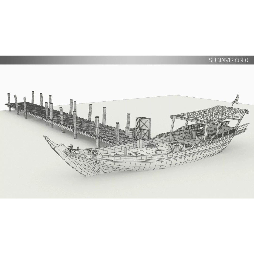 Arabian Dhow 3D Model – Traditional Wooden Vessel with Dock, FBX - View 23