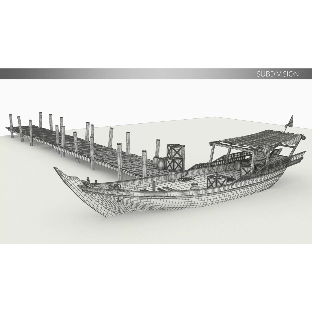 Arabian Dhow 3D Model – Traditional Wooden Vessel with Dock, FBX - View 24