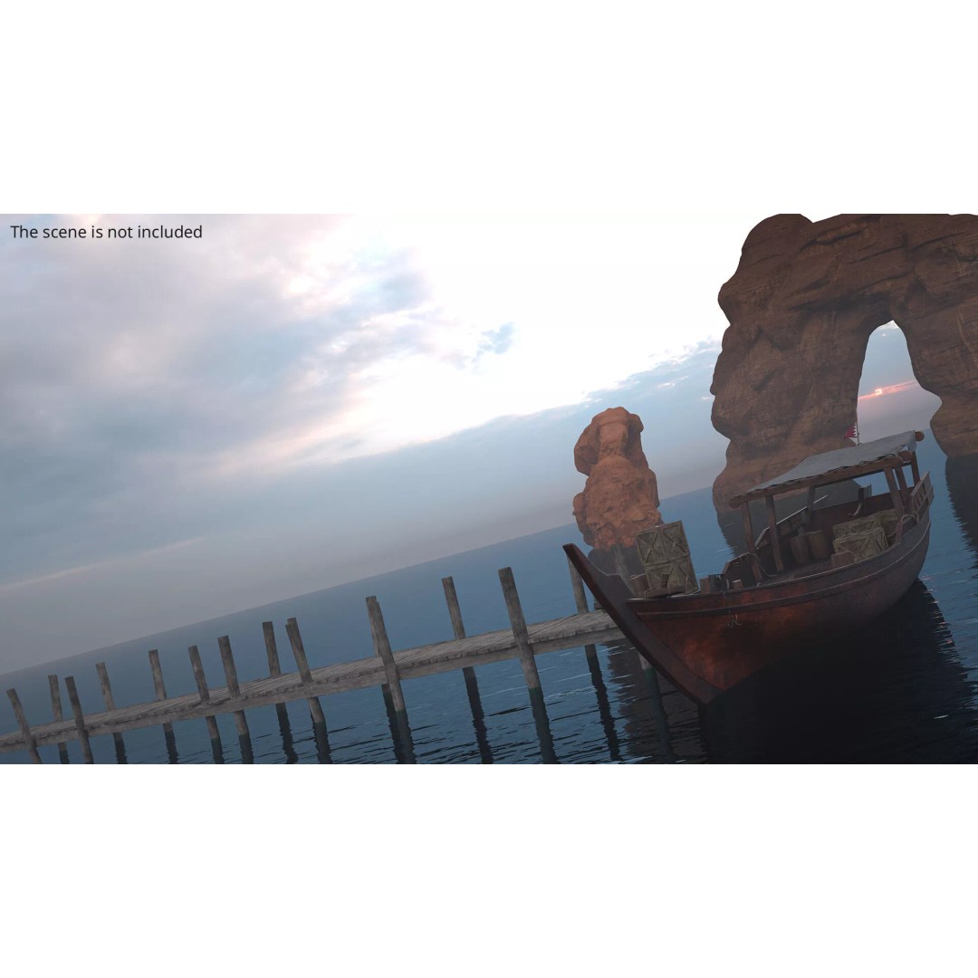 Arabian Dhow 3D Model – Traditional Wooden Vessel with Dock, FBX - View 3