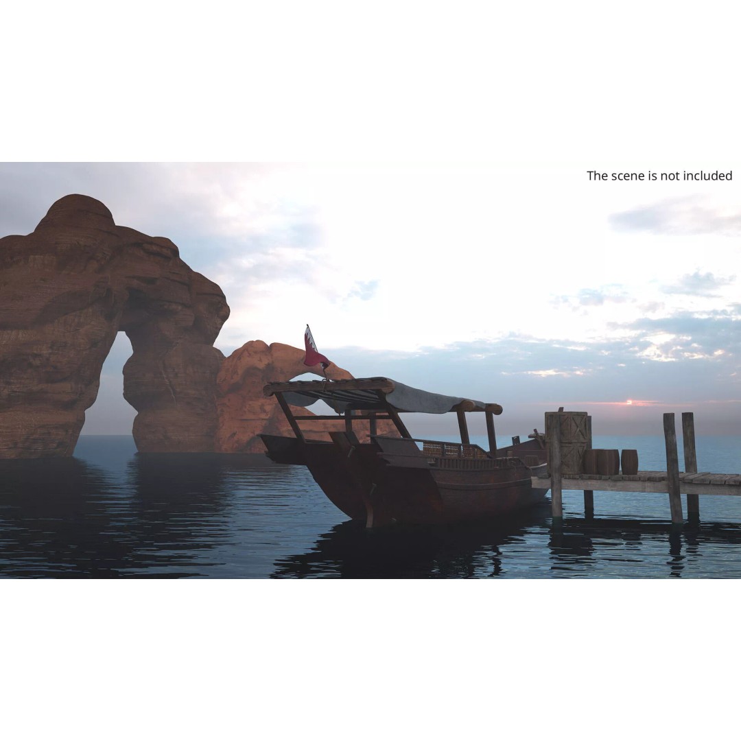 Arabian Dhow 3D Model – Traditional Wooden Vessel with Dock, FBX - View 4