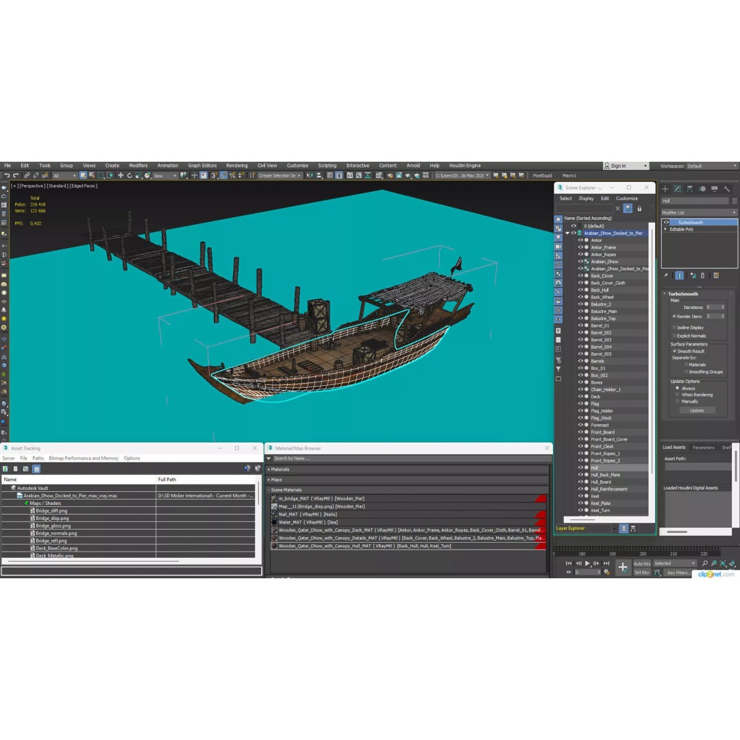 Arabian Dhow 3D Model – Traditional Wooden Vessel with Dock, FBX - View 43