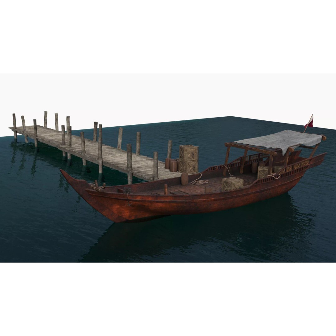 Arabian Dhow 3D Model – Traditional Wooden Vessel with Dock, FBX - View 5
