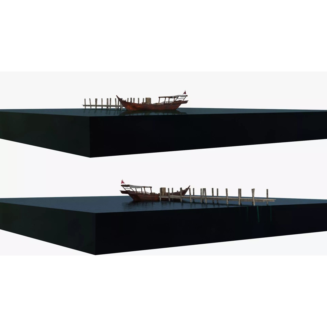 Arabian Dhow 3D Model – Traditional Wooden Vessel with Dock, FBX - View 7