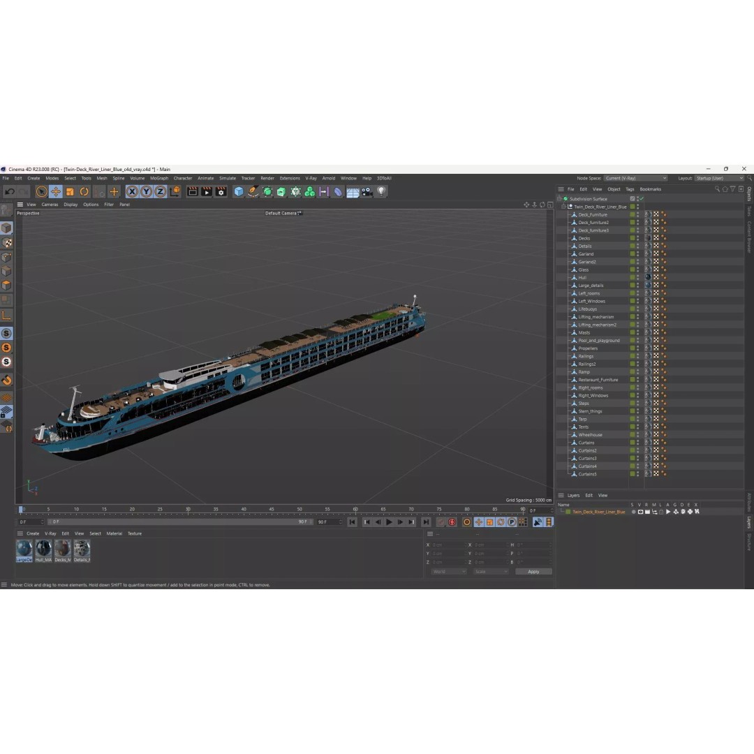 Twin-Deck River Liner Blue 3D Model – Luxurious Cruise Ship, PBR Textures