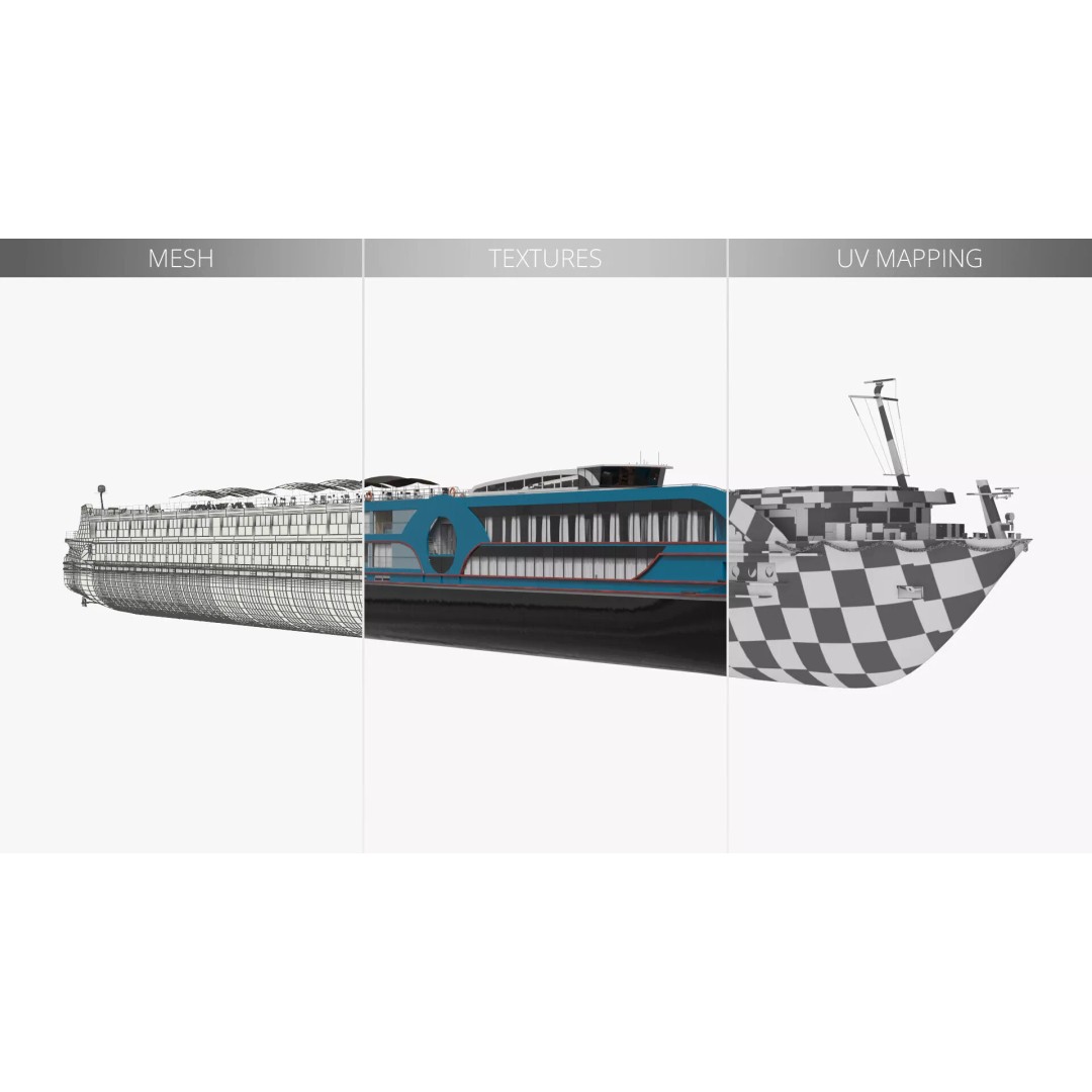 Twin-Deck River Liner Blue 3D Model – Luxurious Cruise Ship, PBR Textures - View 16