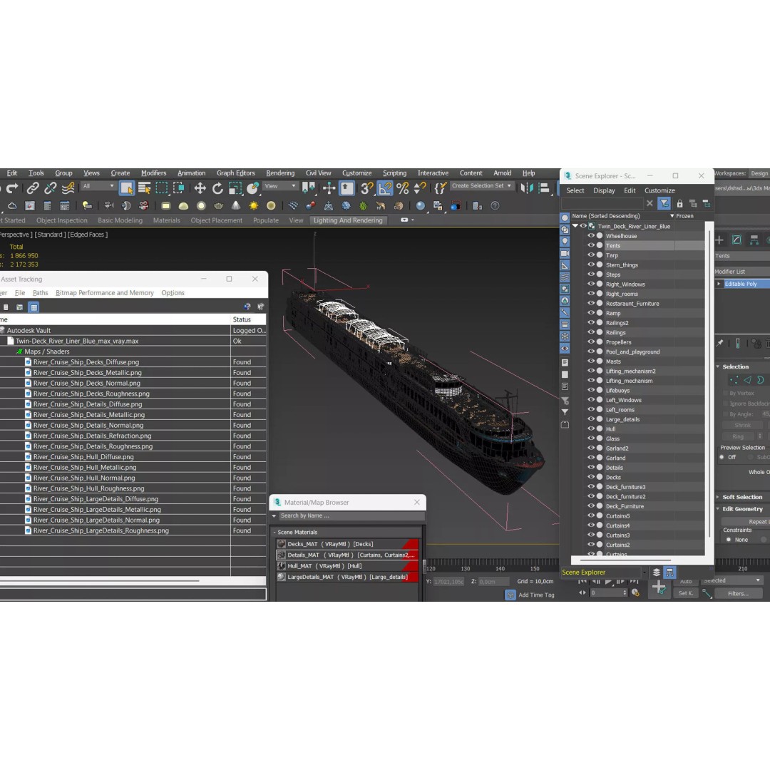 Twin-Deck River Liner Blue 3D Model – Luxurious Cruise Ship, PBR Textures - View 19