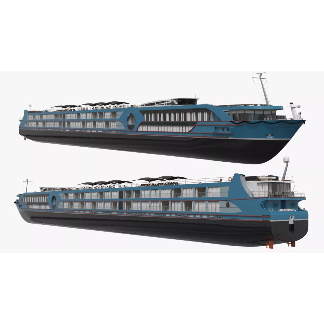 Twin-Deck River Liner Blue 3D Model – Luxurious Cruise Ship, PBR Textures - View 3