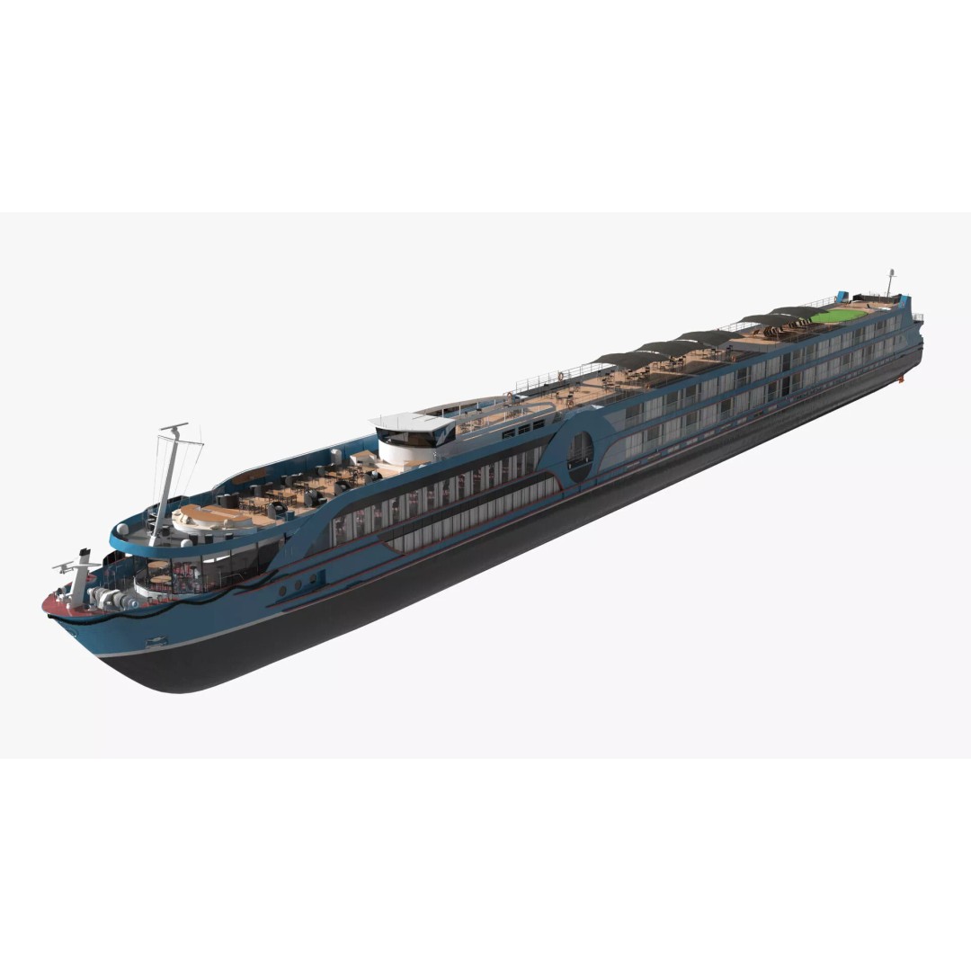 Twin-Deck River Liner Blue 3D Model – Luxurious Cruise Ship, PBR Textures - View 5