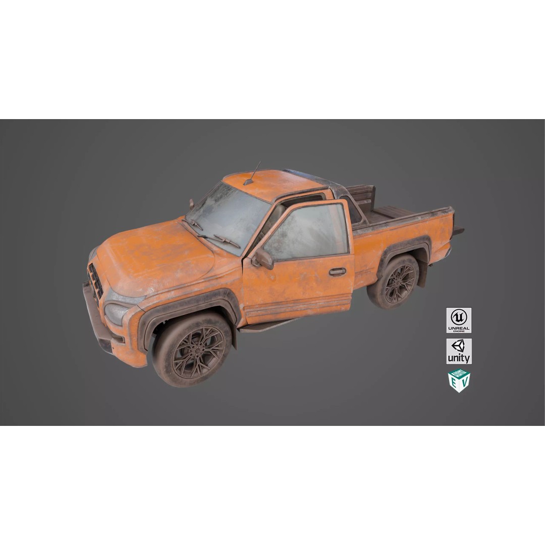 Old Rusty Pickup Truck 3D Model – Low Poly Game Asset, FBX, PBR - View 2