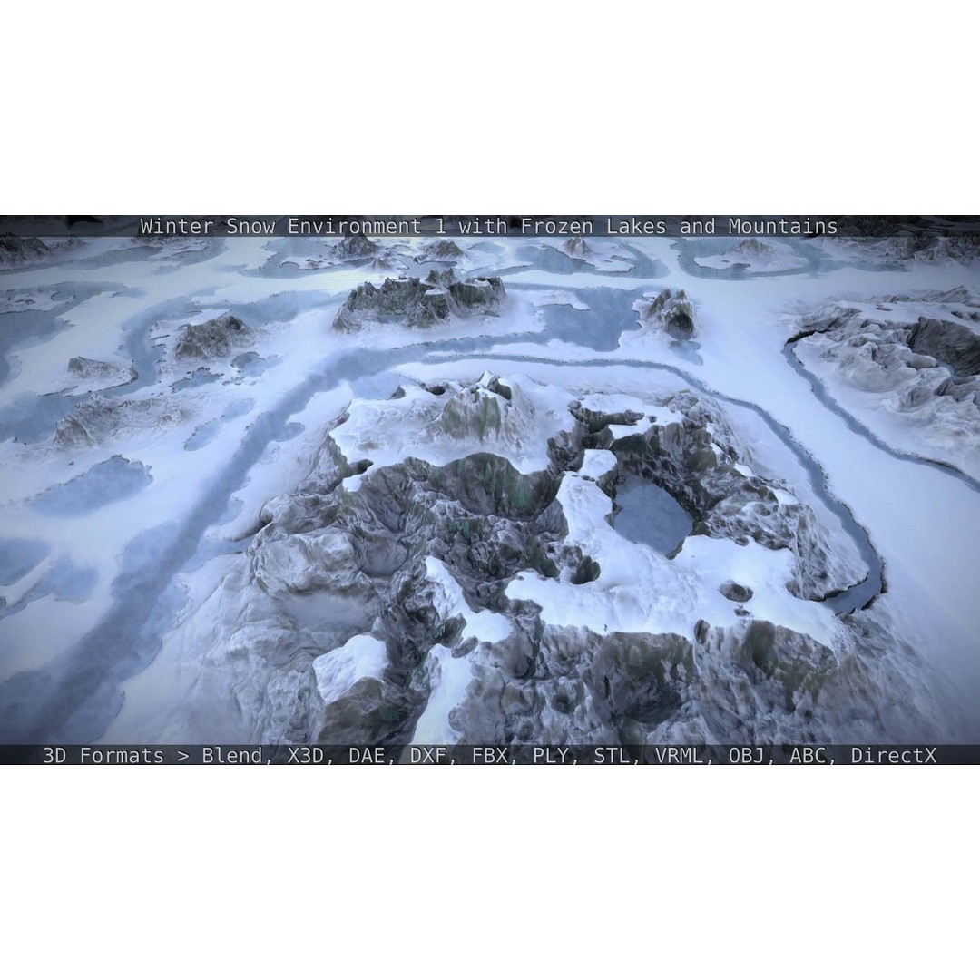 Winter Snow Environment 3D Model – Low Poly Landscape with Frozen Lakes and Mountains