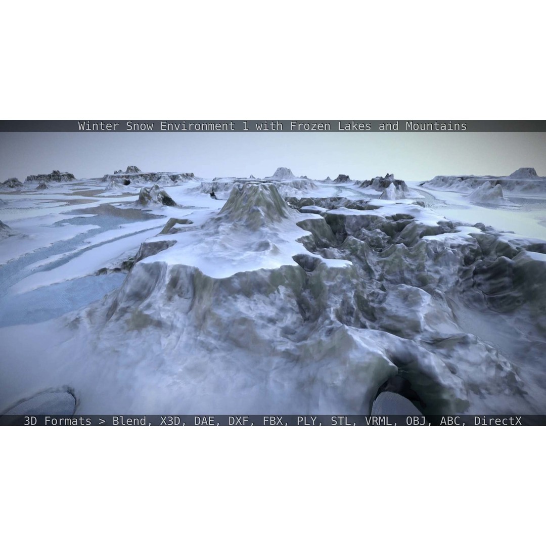 Winter Snow Environment 3D Model – Low Poly Landscape with Frozen Lakes and Mountains - View 101