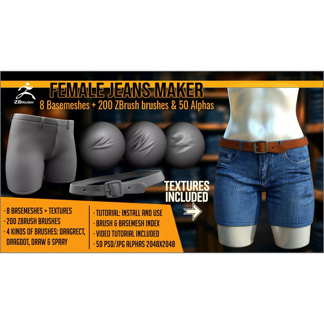 Female Jeans 3D Model – ZBrush Basemeshes with Textures and Brushes - View 2
