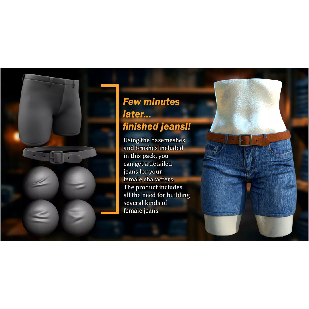 Female Jeans 3D Model – ZBrush Basemeshes with Textures and Brushes - View 3
