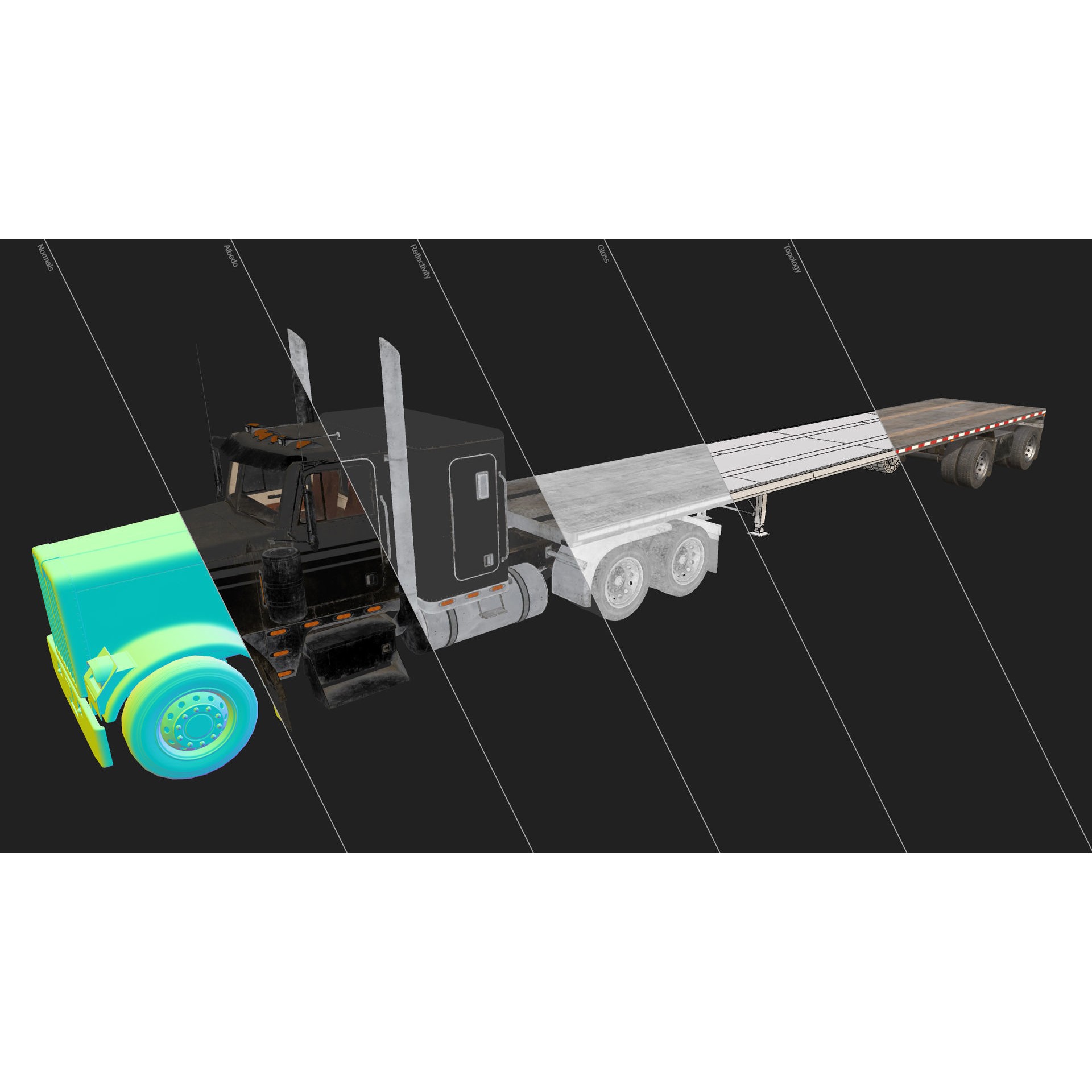Flat Top Semi Truck Flatbed Trailer - Low-Poly Game-Ready 3D Model
