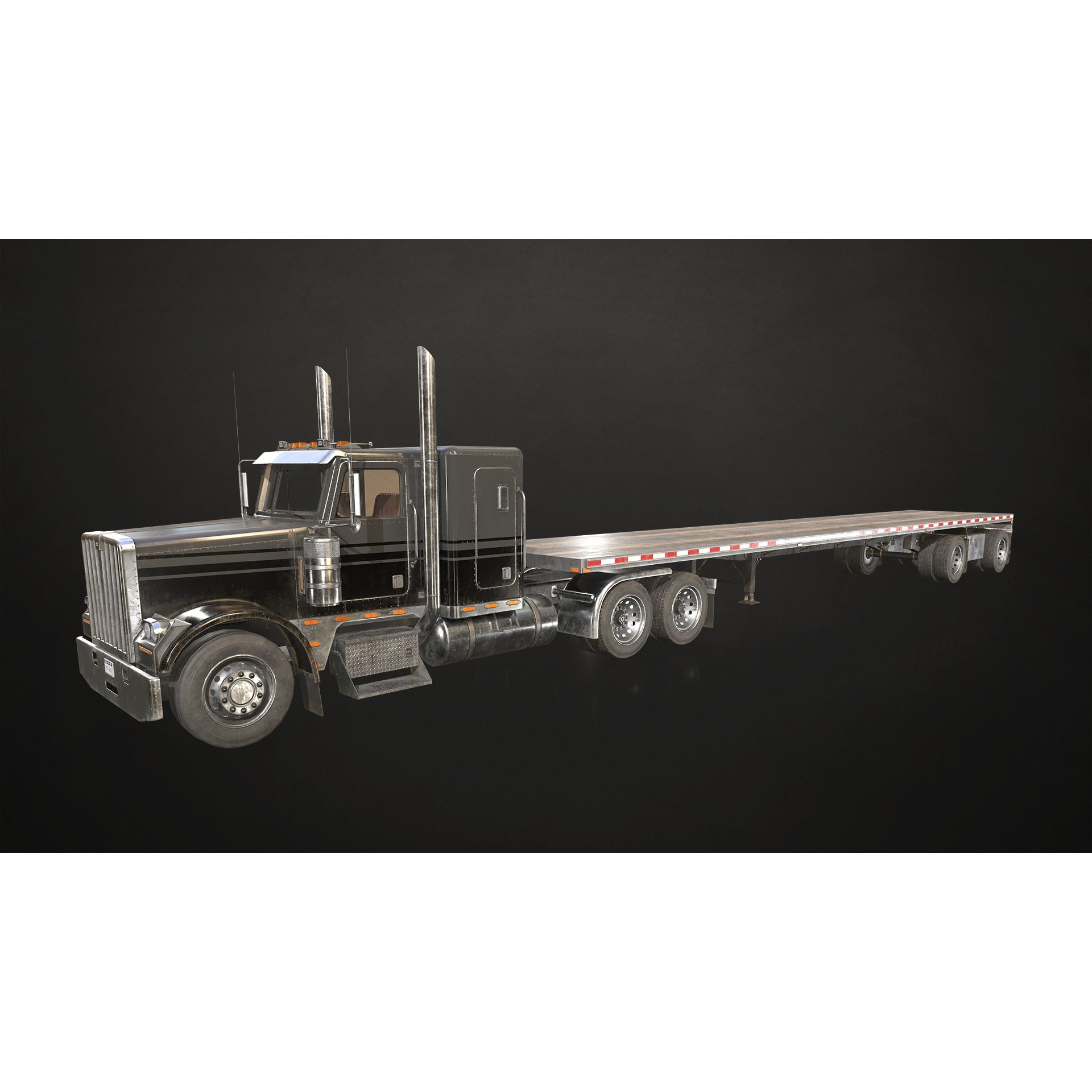 Flat Top Semi Truck Flatbed Trailer - Low-Poly Game-Ready 3D Model - View 3