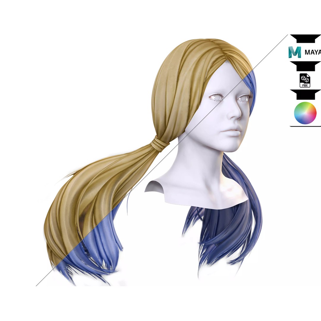 Sleek Pigtail Hair 3D Model – Low Poly Game Asset, FBX, PBR - View 2