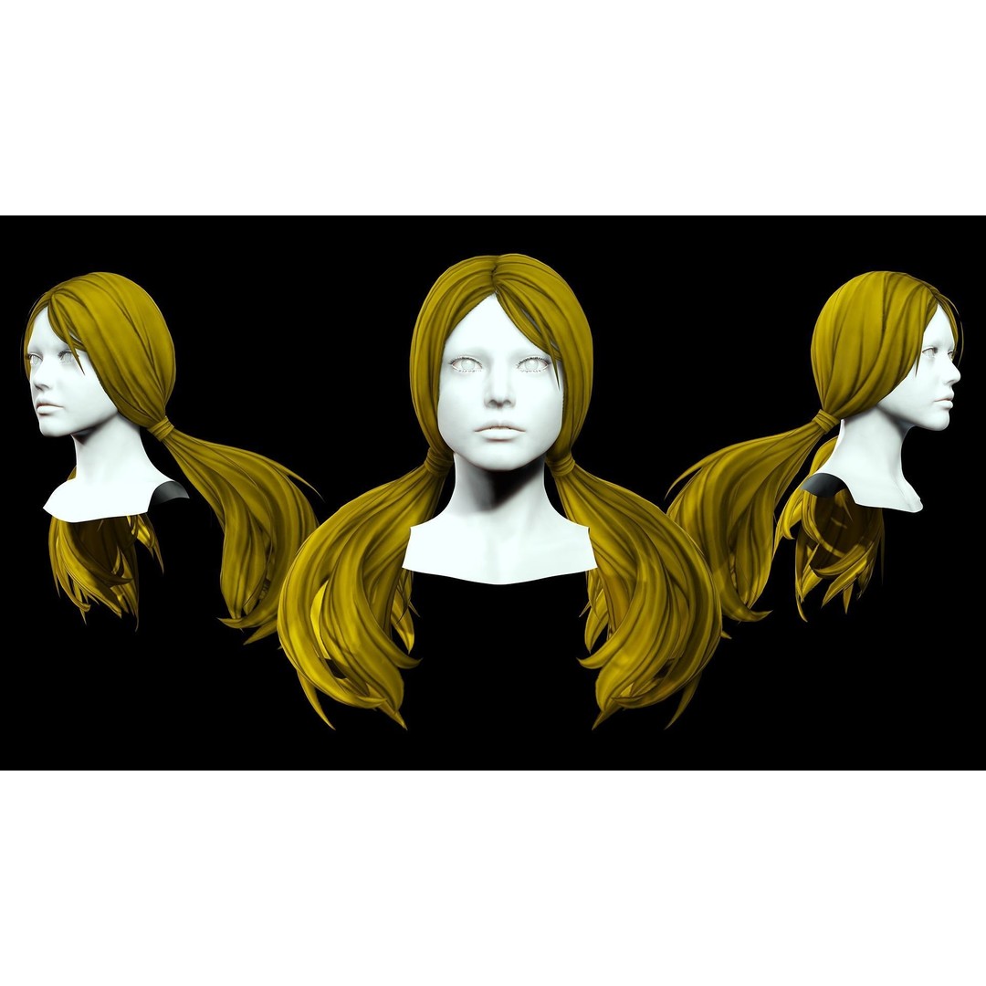 Sleek Pigtail Hair 3D Model – Low Poly Game Asset, FBX, PBR - View 3