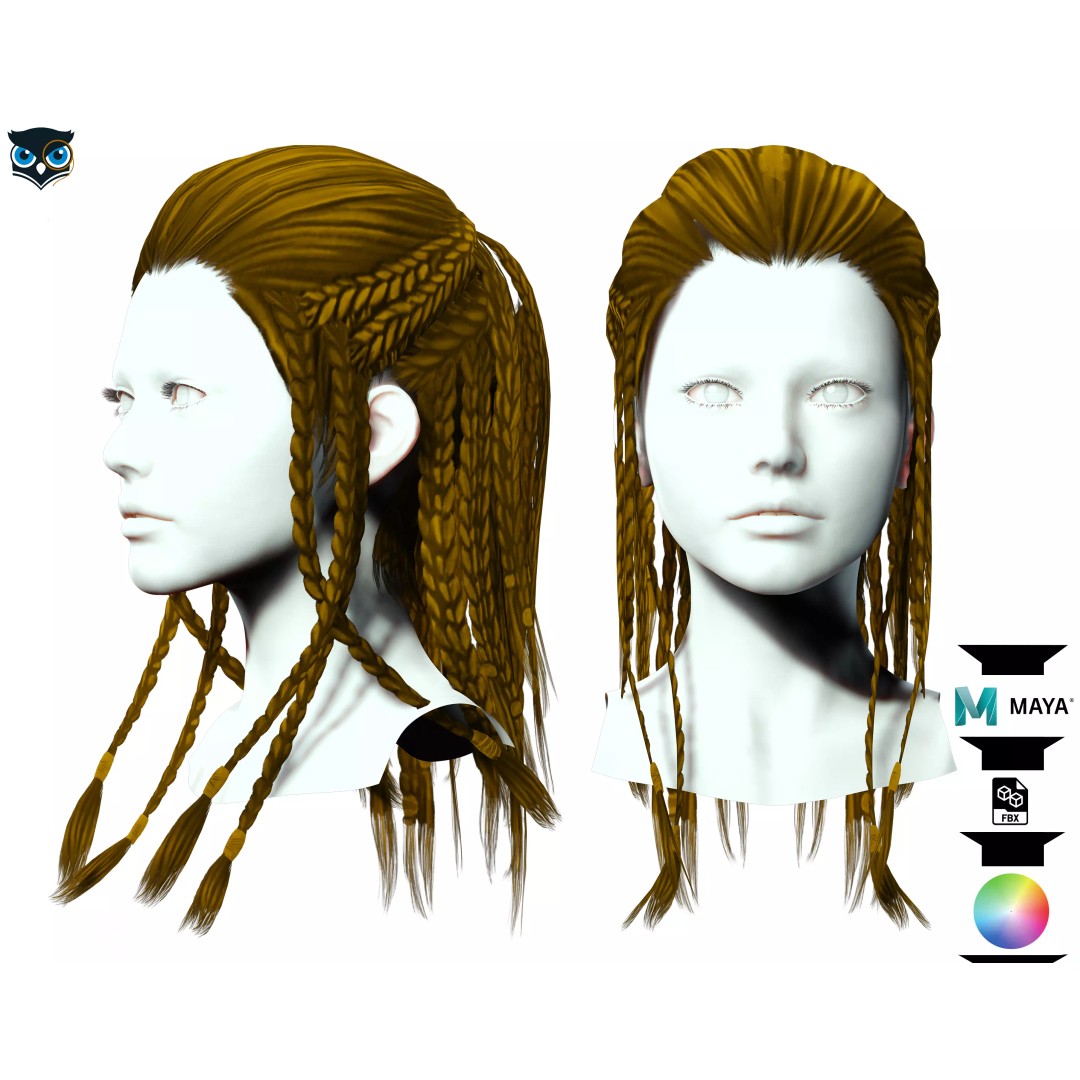 Female Dreadlocks Hair 3D Model – Low Poly Realistic Hair, FBX - View 2