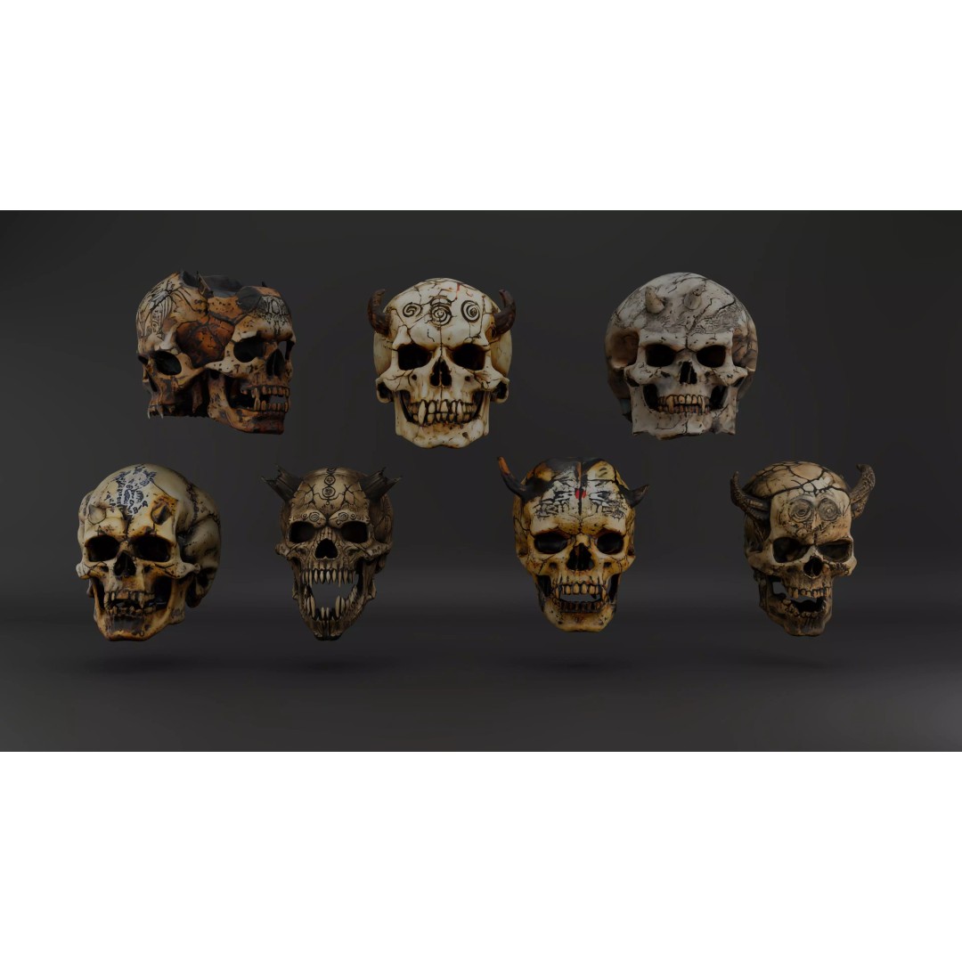 Ancient Skull Props Pack 3D Model – Demonic Low Poly Game Asset, FBX - View 2