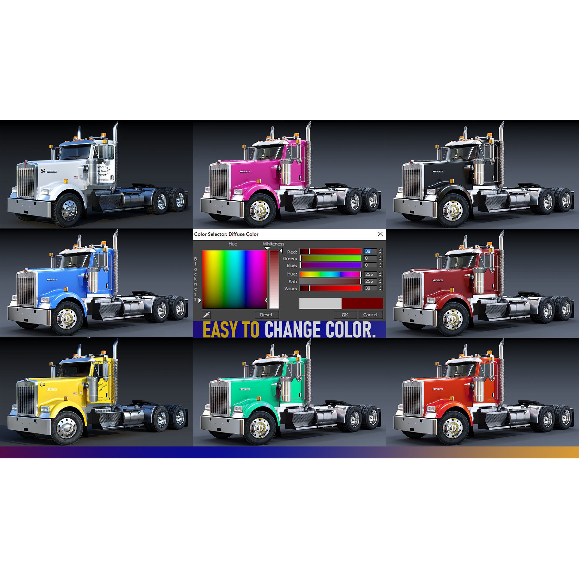 Kenworth W900 Daycab - Low-Poly Game-Ready 3D Model - View 22