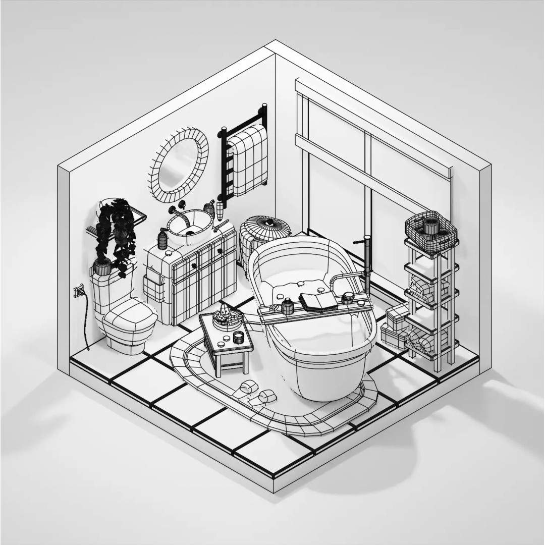 Stylized Cartoon Bathroom 3D Model – Low Poly Game Asset, FBX