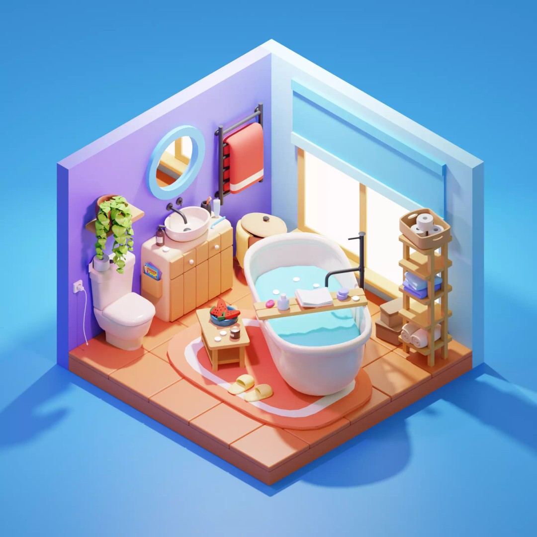 Stylized Cartoon Bathroom 3D Model – Low Poly Game Asset, FBX - View 2