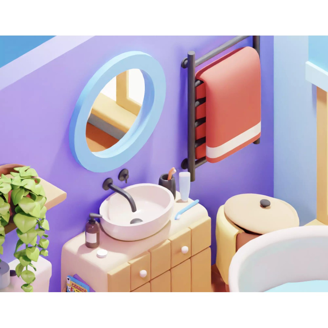 Stylized Cartoon Bathroom 3D Model – Low Poly Game Asset, FBX - View 6