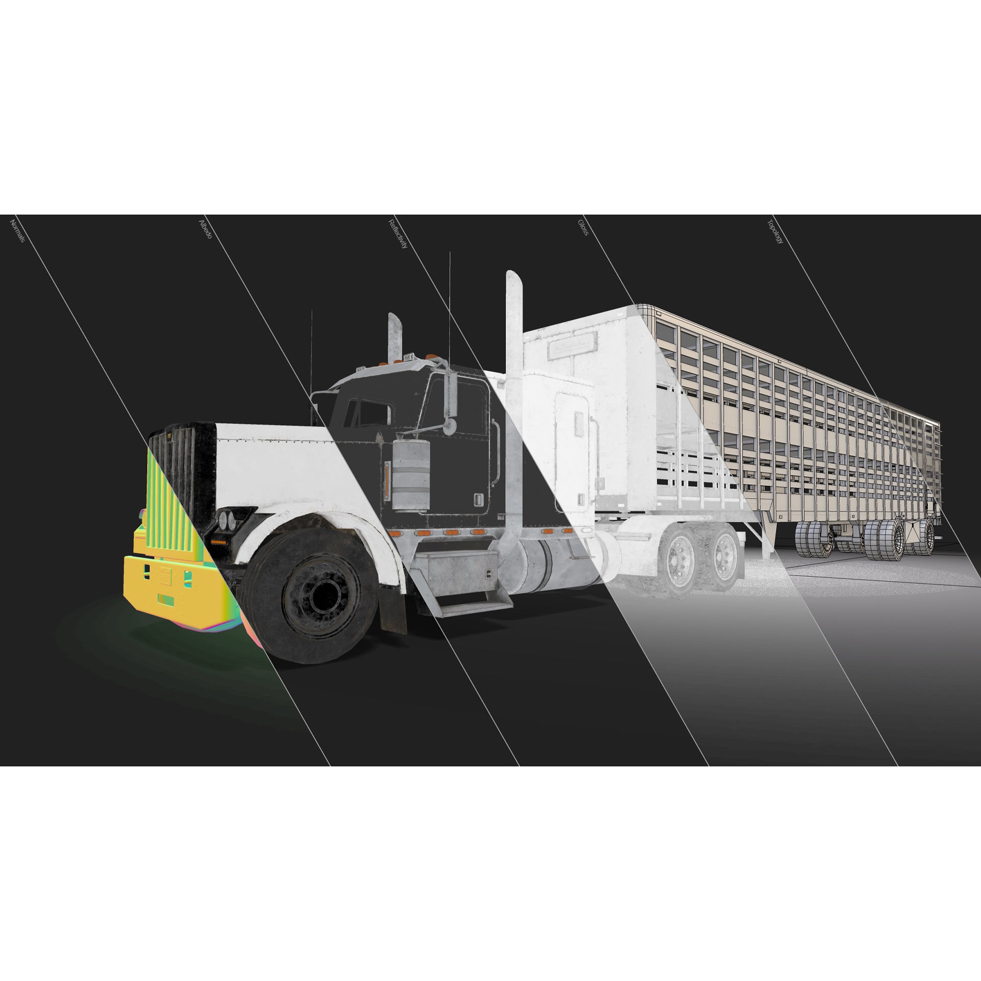 Flat Top Semi Truck Livestock Trailer - Low-Poly Game-Ready 3D Model - View 22
