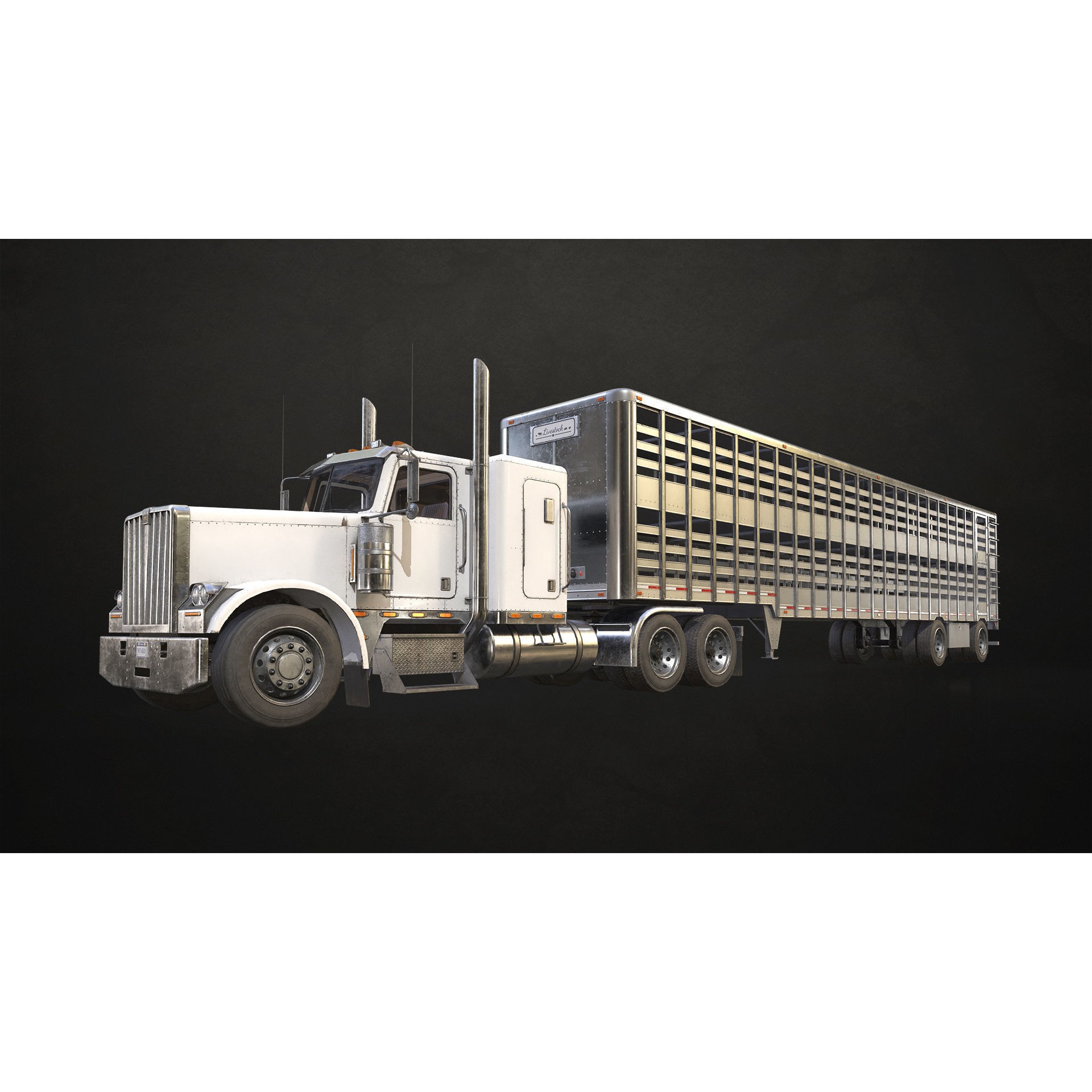 Flat Top Semi Truck Livestock Trailer - Low-Poly Game-Ready 3D Model - View 4
