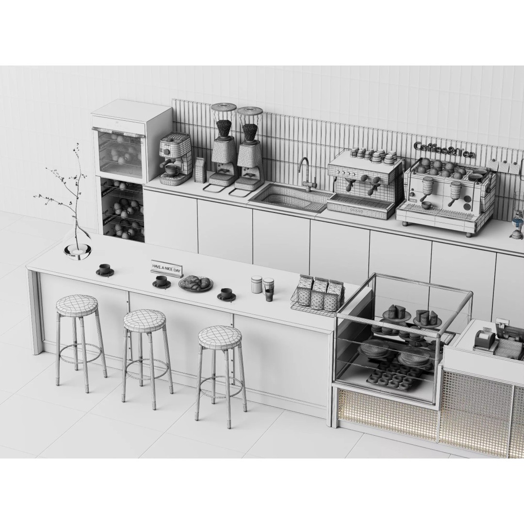 Coffee Shop Counter 3D Model – Modern Stainless Steel Interior Asset