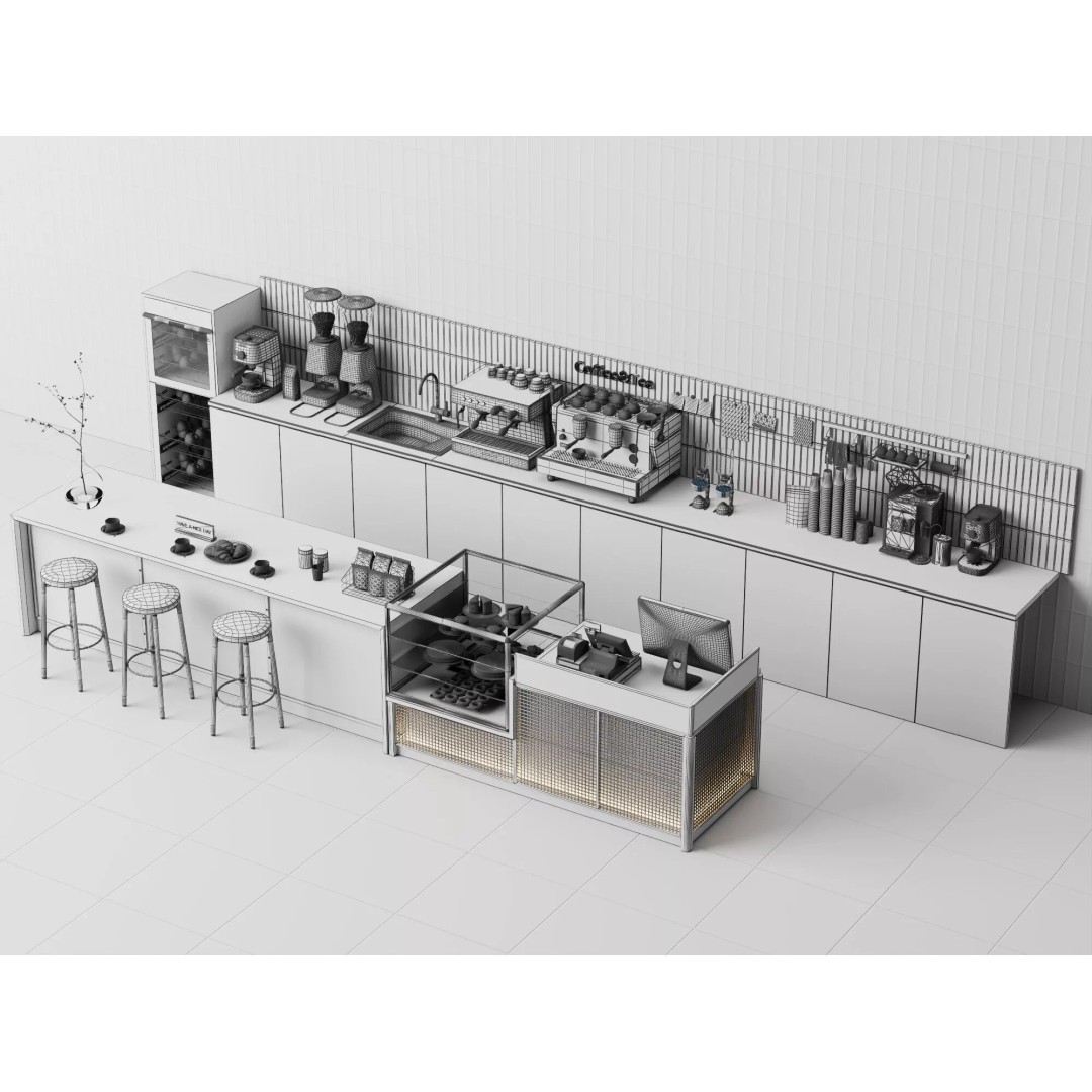 Coffee Shop Counter 3D Model – Modern Stainless Steel Interior Asset - View 12