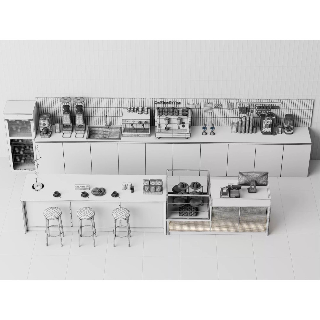 Coffee Shop Counter 3D Model – Modern Stainless Steel Interior Asset - View 13