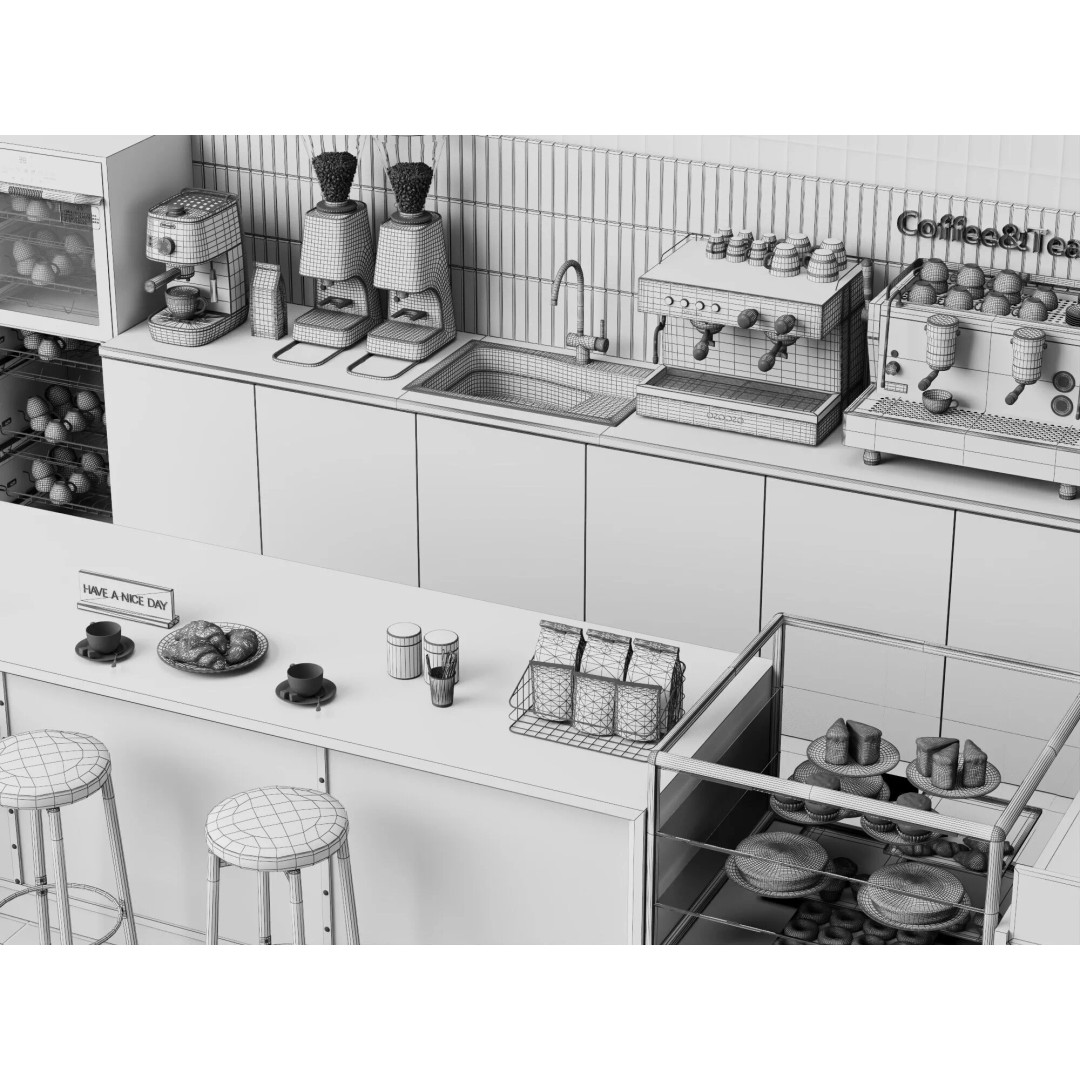 Coffee Shop Counter 3D Model – Modern Stainless Steel Interior Asset - View 14