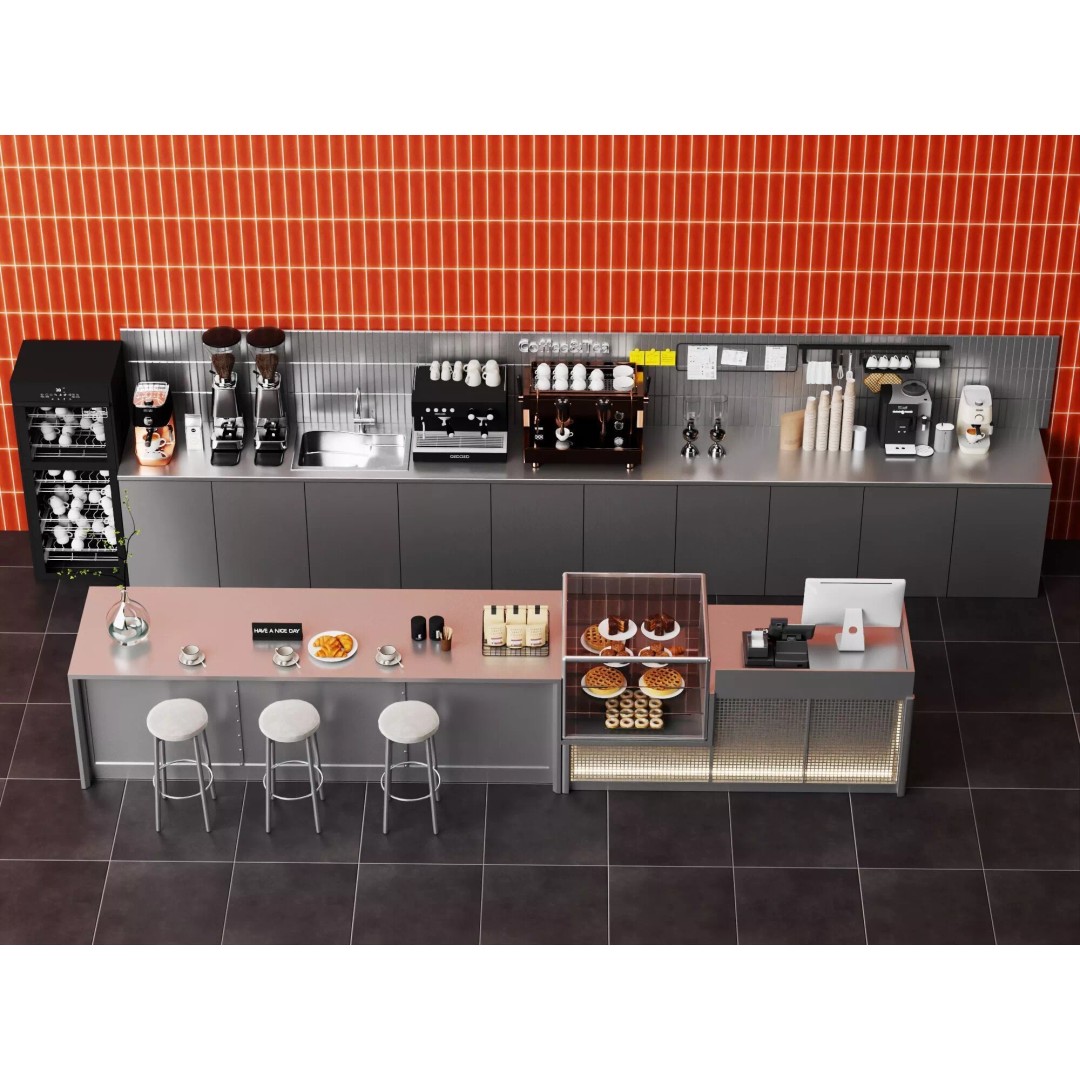 Coffee Shop Counter 3D Model – Modern Stainless Steel Interior Asset - View 3