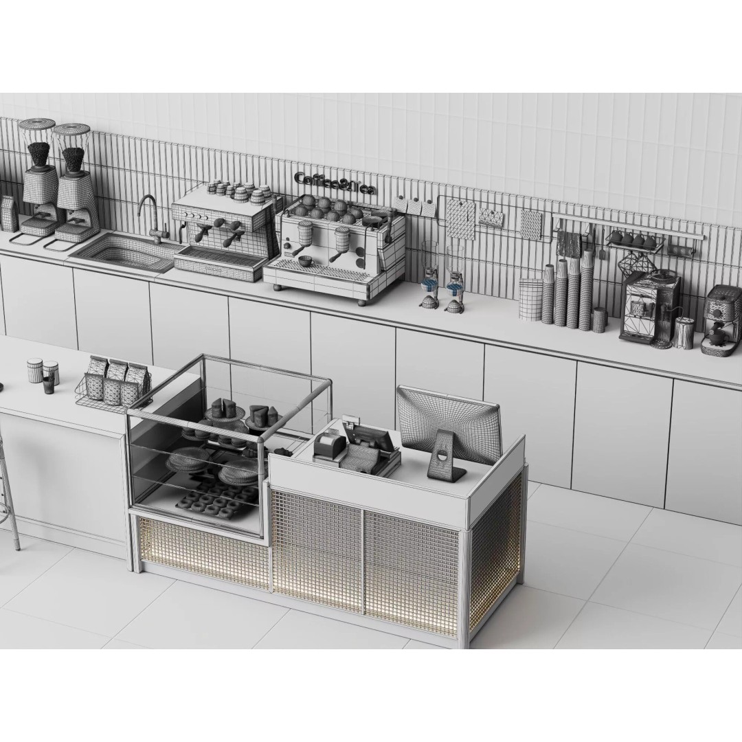 Coffee Shop Counter 3D Model – Modern Stainless Steel Interior Asset - View 8