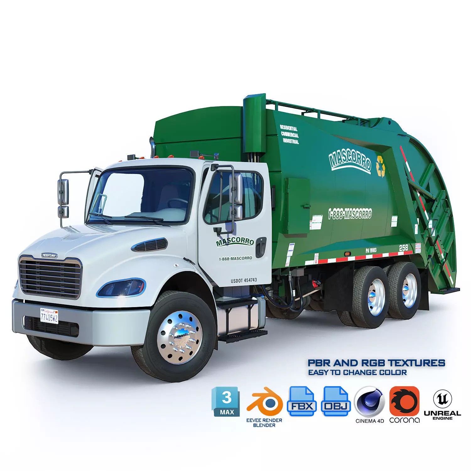 Freightliner M2 106 Garbage Truck - Low-Poly Game-Ready 3D Model - View 2