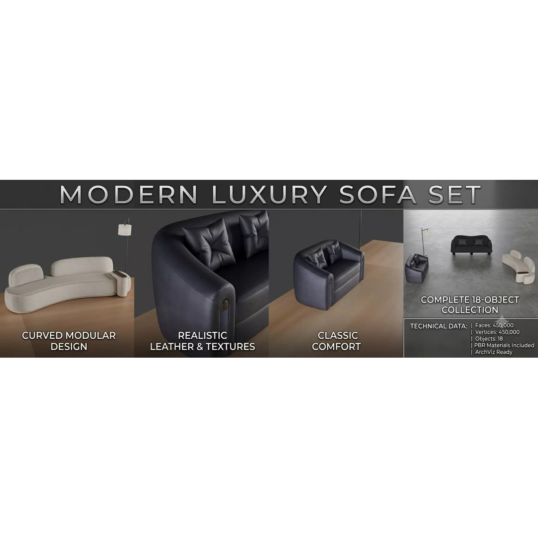Luxury Sofa Set 3D Model – Modern Curved Fabric & Leather Furniture - View 2