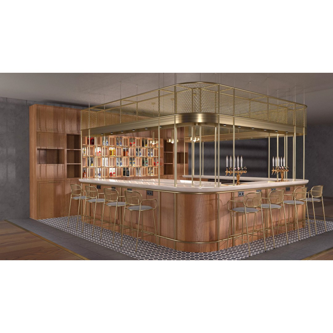Golden Frame Wooden Bar 3D Model – Modern Luxury Interior, FBX - View 7