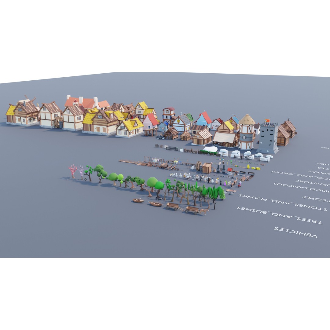 Village Asset Pack 3D Model – Low Poly Environment with Animals and Buildings - View 100