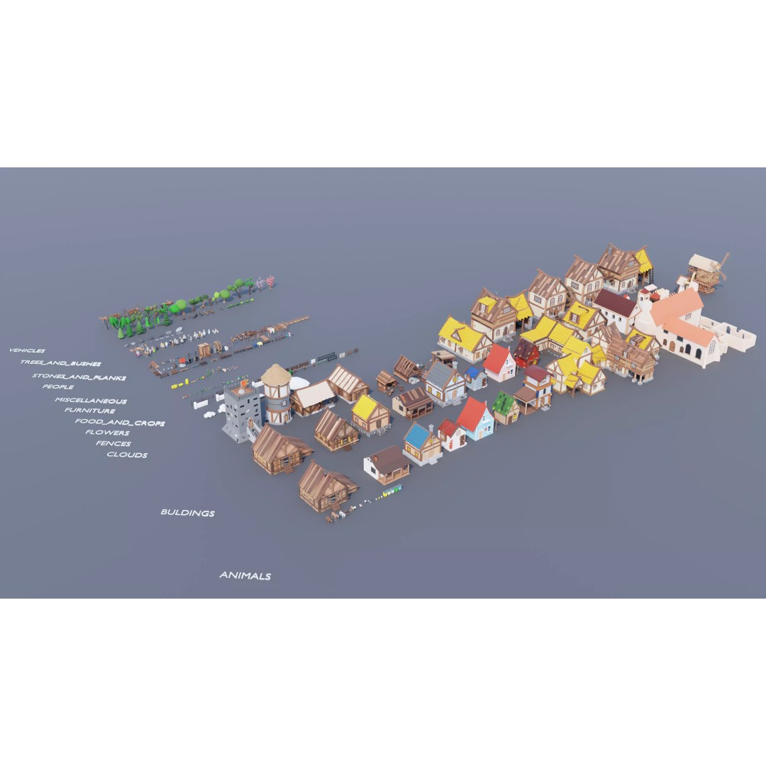 Village Asset Pack 3D Model – Low Poly Environment with Animals and Buildings - View 2