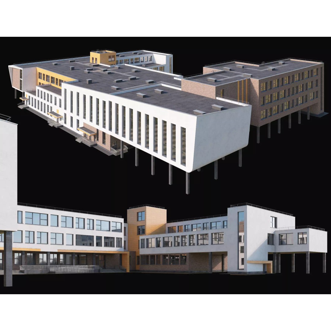 Modern School Building 3D Model – High Poly Exterior Asset, FBX, OBJ - View 2