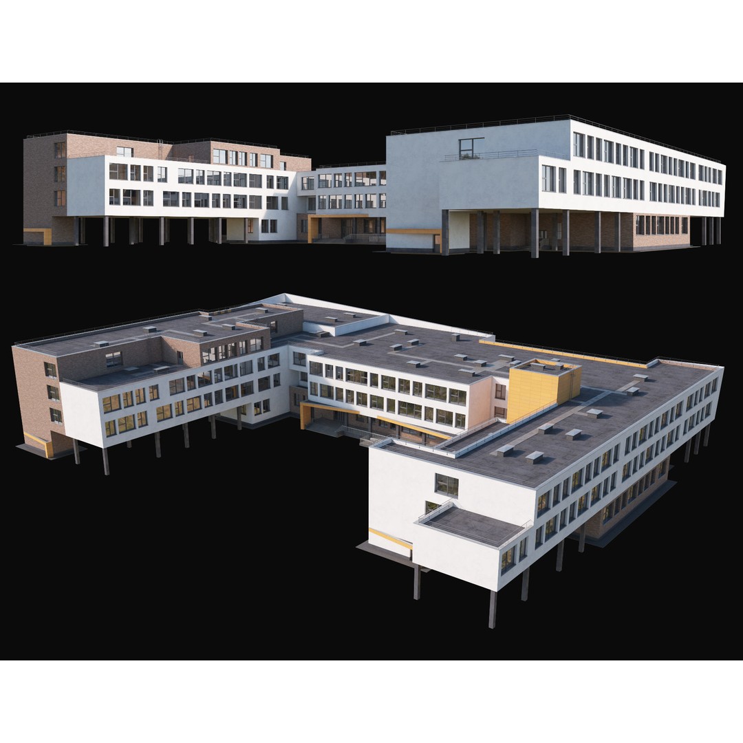 Modern School Building 3D Model – High Poly Exterior Asset, FBX, OBJ - View 3