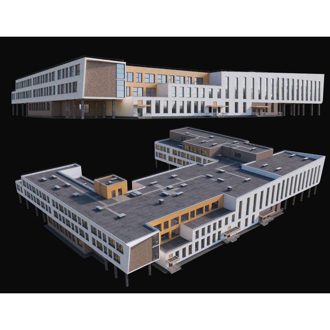 Modern School Building 3D Model – High Poly Exterior Asset, FBX, OBJ - View 4