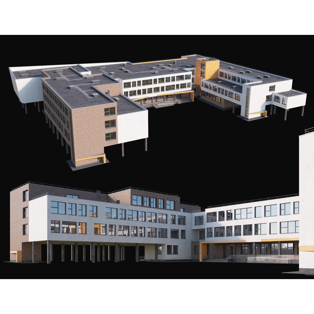 Modern School Building 3D Model – High Poly Exterior Asset, FBX, OBJ - View 5