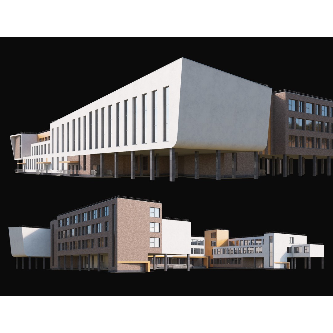 Modern School Building 3D Model – High Poly Exterior Asset, FBX, OBJ - View 6