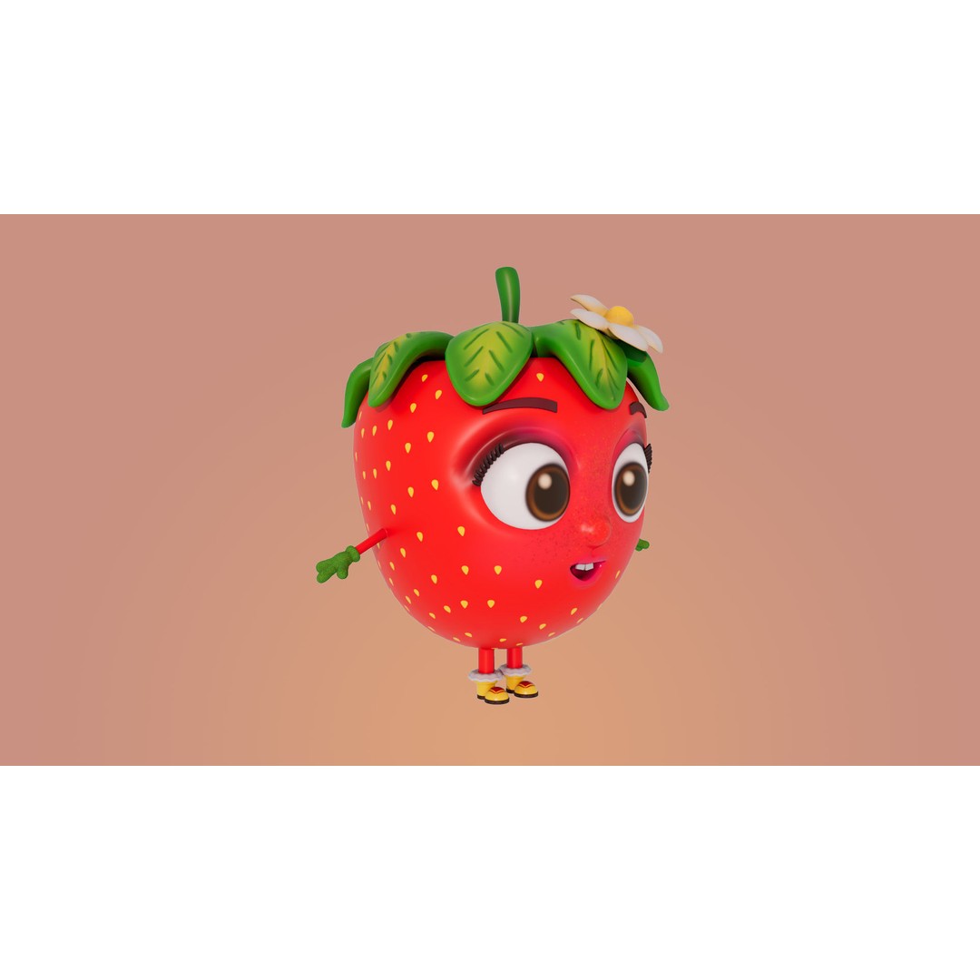Strawberry 3D Model – Low Poly Cartoon Character, FBX, PBR Textures - View 3